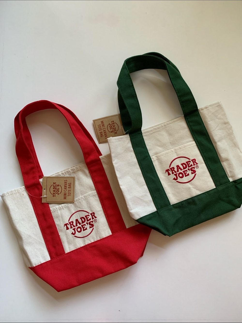NWT Flawed TRADER JOE’S Mini Canvas Tote Bags - Red & Green Bundle of 2